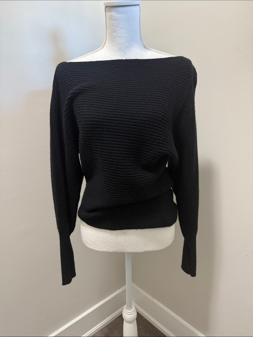 INTERMIX Off-the-Shoulder Black Ribbed Knit Sweater